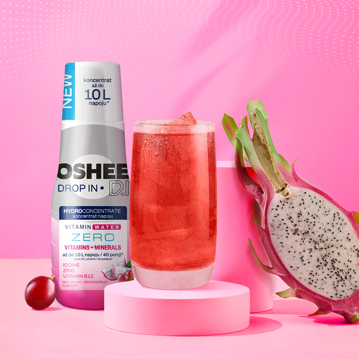 OSHEE DROP IN ZERO Vitamins & Minerals Hydroconcentrate – Red Grape & Dragonfruit – 500 ml