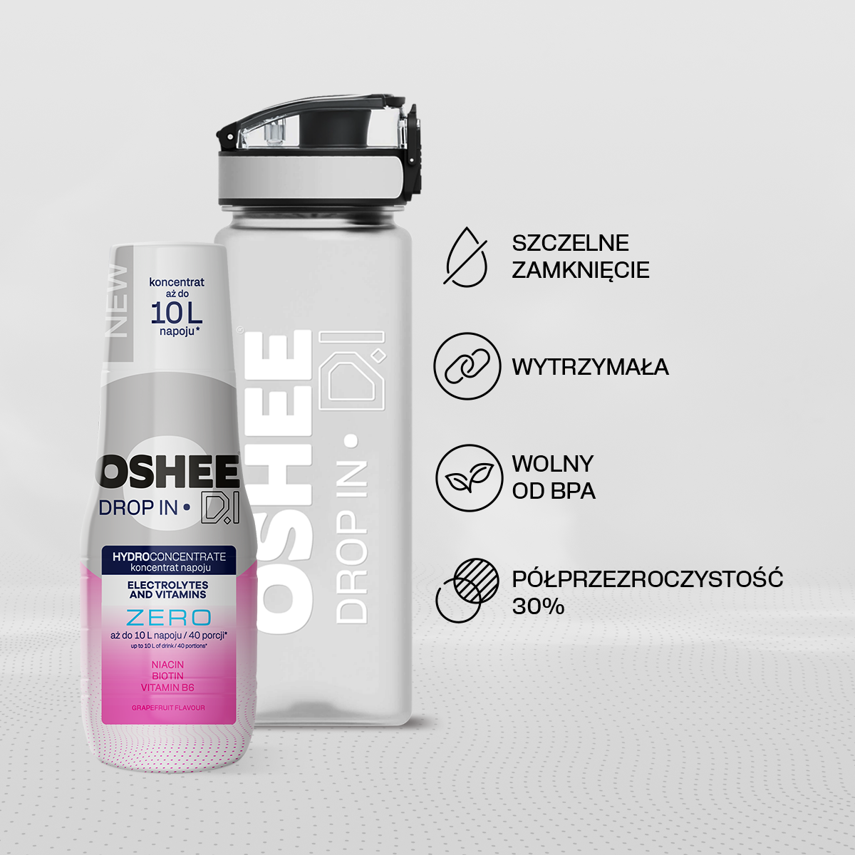 Hydrokoncentrat OSHEE DROP IN ZERO - grejpfrut - Elektrolity i witaminy - 500 ml + Bidon plastikowy 750 ml tritan