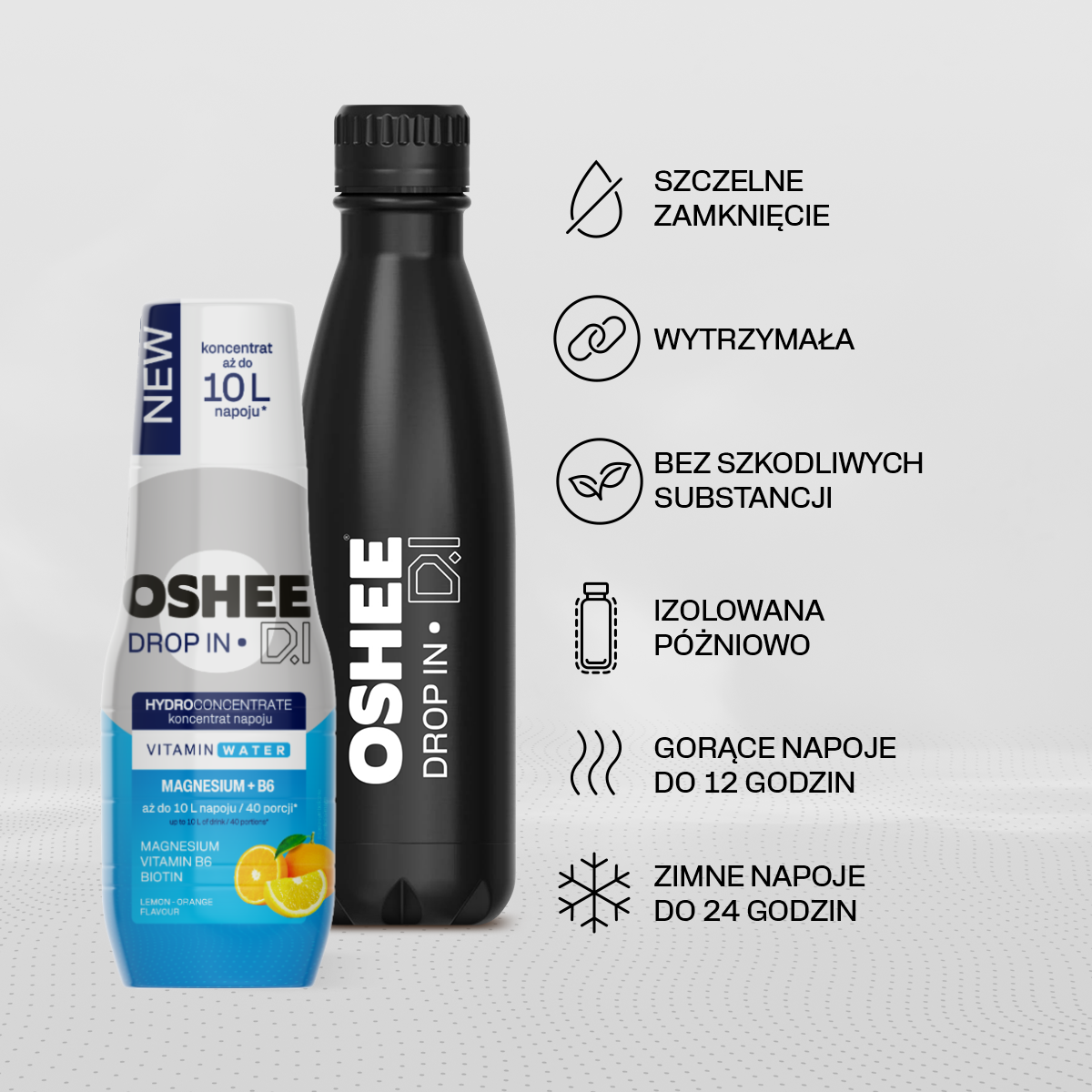 Zestaw Welcome - Hydrokoncentrat OSHEE DROP IN Cytryna-Pomarańcza - Witaminy i magnez - 500 ml + Butelka termiczna ze stali nierdzewnej czarna 500 ml