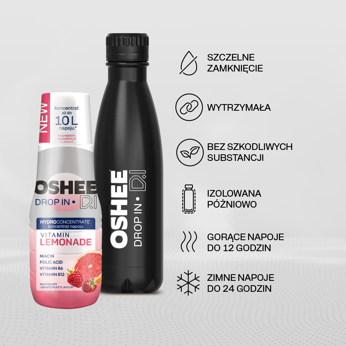 Zestaw Welcome - Hydrokoncentrat OSHEE DROP IN - malina-grejpfrut - Vitamin lemonade - 500 ml + Butelka termiczna ze stali nierdzewnej czarna 500 ml