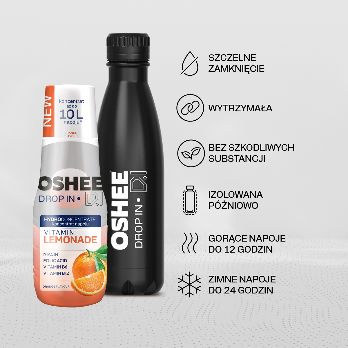 Zestaw Welcome - Hydrokoncentrat OSHEE DROP IN - pomarańcza - Vitamin lemonade - 500 ml + Butelka termiczna ze stali nierdzewnej czarna 500 ml