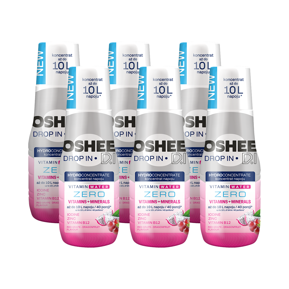 6 x Hydrokoncentrat OSHEE DROP IN zero - Czerwone winogrono– smoczy owoc - Witaminy i minerały - 500 ml