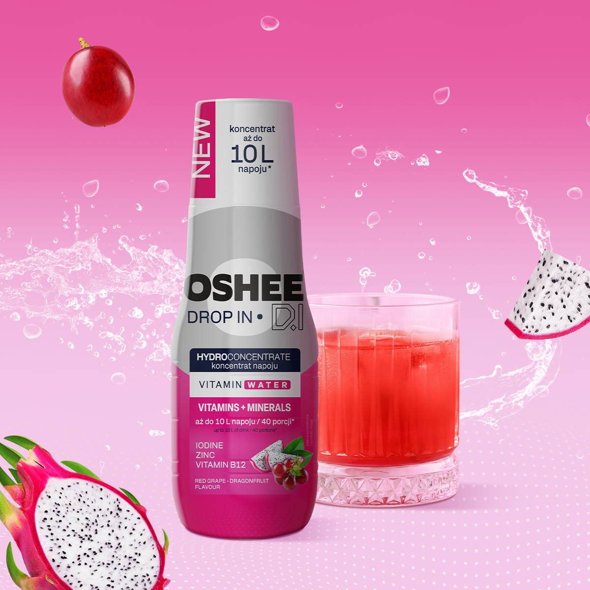 OSHEE DROP IN Hydroconcentrate - Red Grape & Dragon Fruit - Vitamins and Minerals - 500 ml