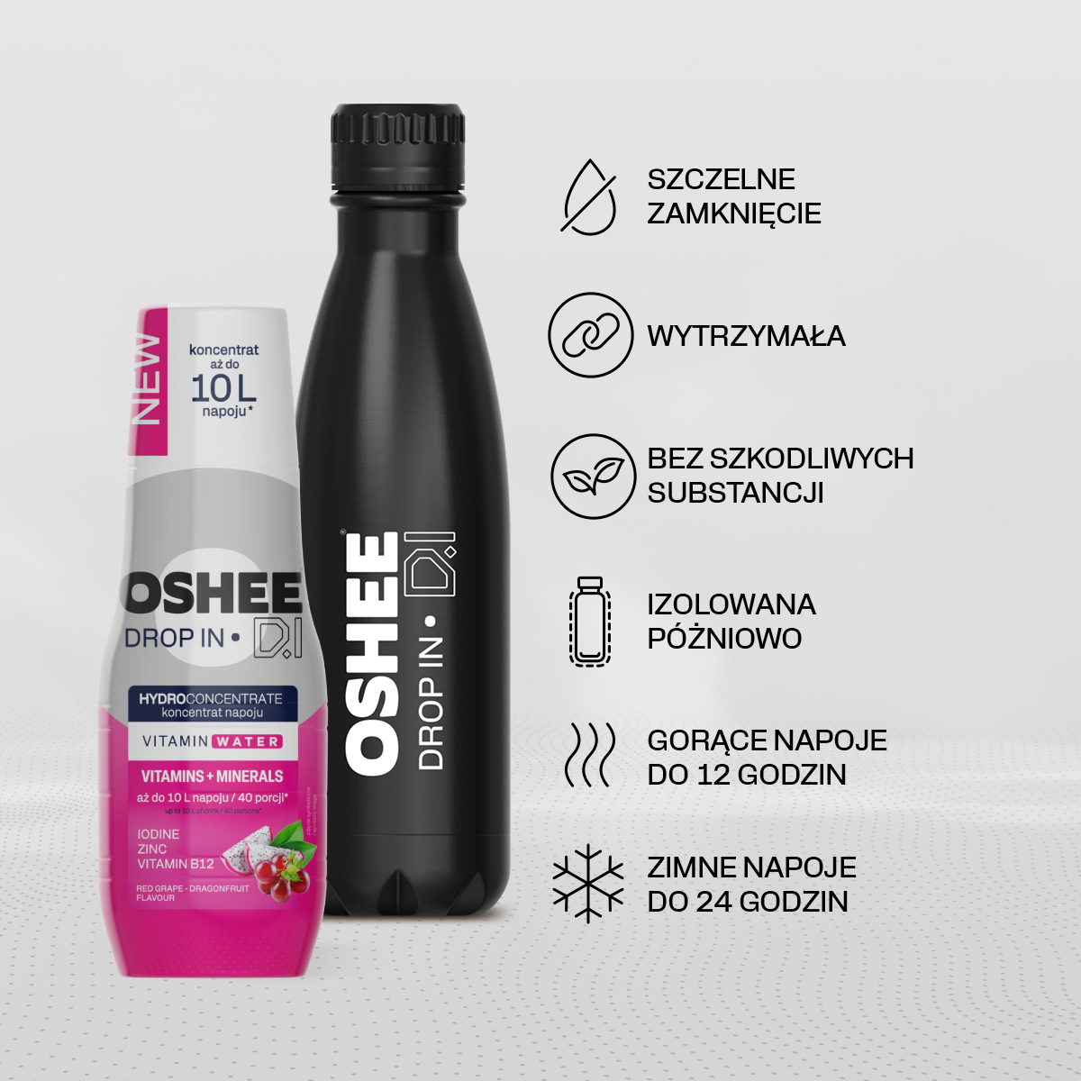 Zestaw Welcome - Hydrokoncentrat OSHEE DROP IN - Czerwone winogrono-smoczy owoc - Witaminy i minerały - 500 ml + Butelka termiczna ze stali nierdzewnej czarna 500 ml