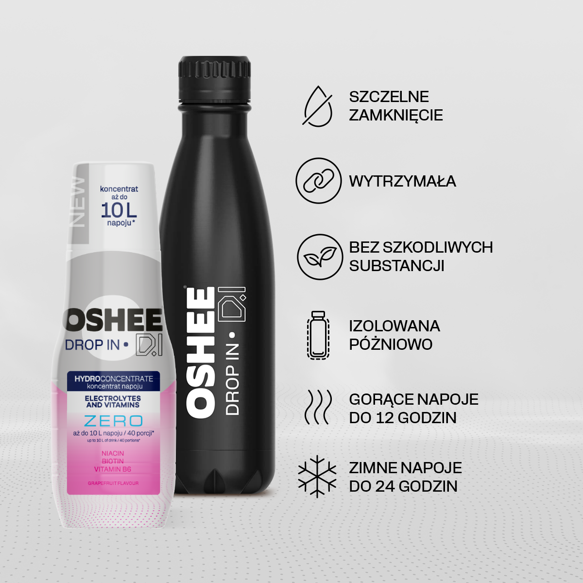 Zestaw Welcome - Hydrokoncentrat OSHEE DROP IN ZERO - Grejpfrut - Elektrolity i witaminy - 500 ml + Butelka termiczna ze stali nierdzewnej czarna 500 ml