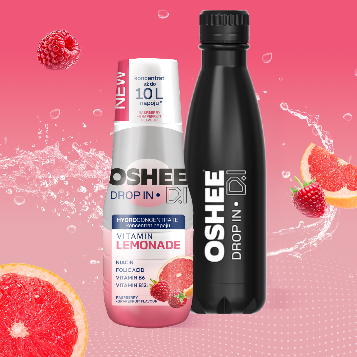 Zestaw Welcome - Hydrokoncentrat OSHEE DROP IN - malina-grejpfrut - Vitamin lemonade - 500 ml +  Butelka termiczna ze stali nierdzewnej czarna 500 ml