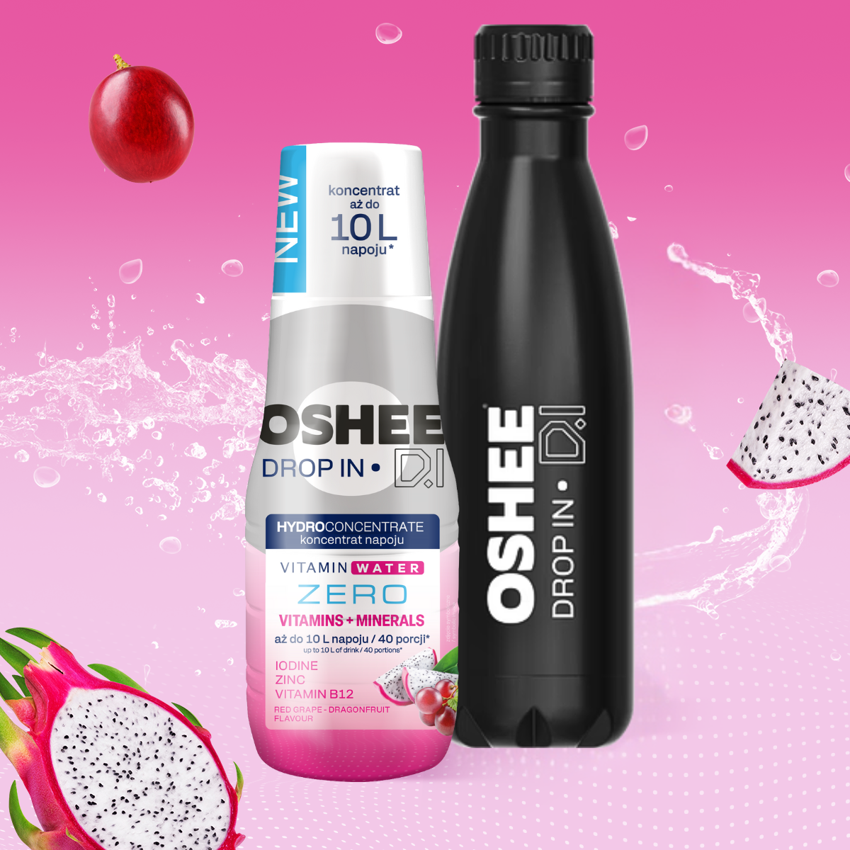 Zestaw Welcome - Hydrokoncentrat OSHEE DROP IN ZERO - czerwone winogrono-smoczy owoc - Witaminy i minerały - 500 ml +  Butelka termiczna ze stali nierdzewnej czarna 500 ml