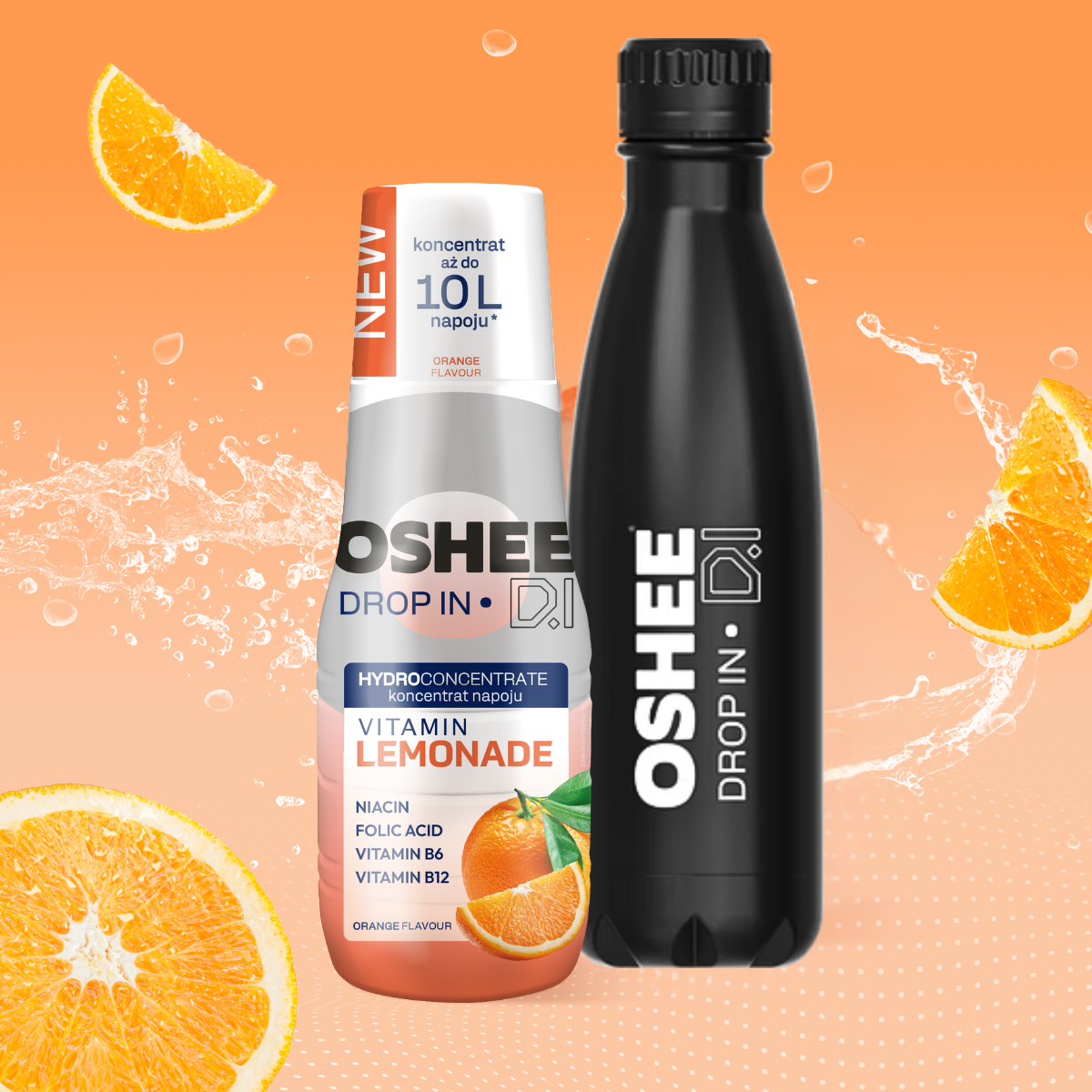 Zestaw Welcome - Hydrokoncentrat OSHEE DROP IN - pomarańcza - Vitamin lemonade - 500 ml +  Butelka termiczna ze stali nierdzewnej czarna 500 ml