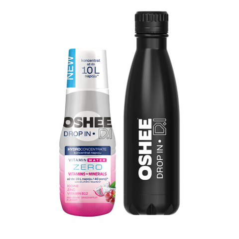 Zestaw Welcome - Hydrokoncentrat OSHEE DROP IN ZERO - czerwone winogrono-smoczy owoc - Witaminy i minerały - 500 ml +  Butelka termiczna ze stali nierdzewnej czarna 500 ml