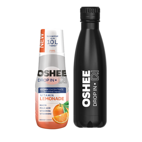 Zestaw Welcome - Hydrokoncentrat OSHEE DROP IN - pomarańcza - Vitamin lemonade - 500 ml +  Butelka termiczna ze stali nierdzewnej czarna 500 ml