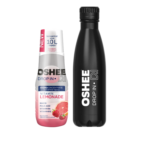 Zestaw Welcome - Hydrokoncentrat OSHEE DROP IN - malina-grejpfrut - Vitamin lemonade - 500 ml +  Butelka termiczna ze stali nierdzewnej czarna 500 ml