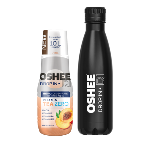 Zestaw Welcome - Hydrokoncentrat OSHEE DROP IN ZERO - brzoskwinia - Vitamin tea - 500 ml + Butelka termiczna ze stali nierdzewnej czarna 500 ml