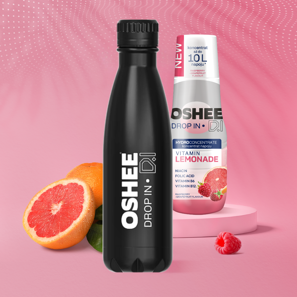 Zestaw Welcome - Hydrokoncentrat OSHEE DROP IN - malina-grejpfrut - Vitamin lemonade - 500 ml +  Butelka termiczna ze stali nierdzewnej czarna 500 ml