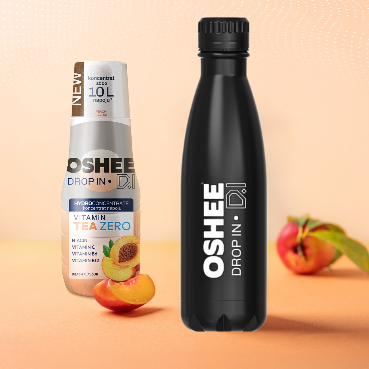 Zestaw Welcome - Hydrokoncentrat OSHEE DROP IN ZERO - brzoskwinia - Vitamin tea - 500 ml + Butelka termiczna ze stali nierdzewnej czarna 500 ml