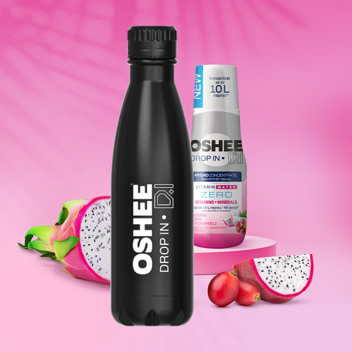 Zestaw Welcome - Hydrokoncentrat OSHEE DROP IN ZERO - czerwone winogrono-smoczy owoc - Witaminy i minerały - 500 ml +  Butelka termiczna ze stali nierdzewnej czarna 500 ml