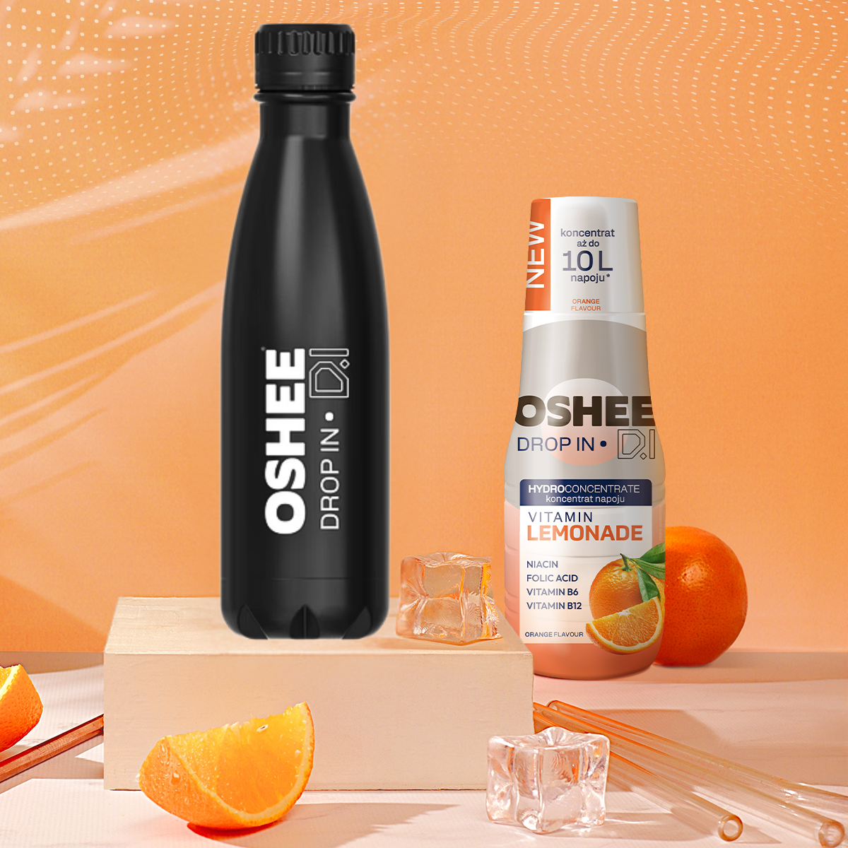 Zestaw Welcome - Hydrokoncentrat OSHEE DROP IN - pomarańcza - Vitamin lemonade - 500 ml +  Butelka termiczna ze stali nierdzewnej czarna 500 ml