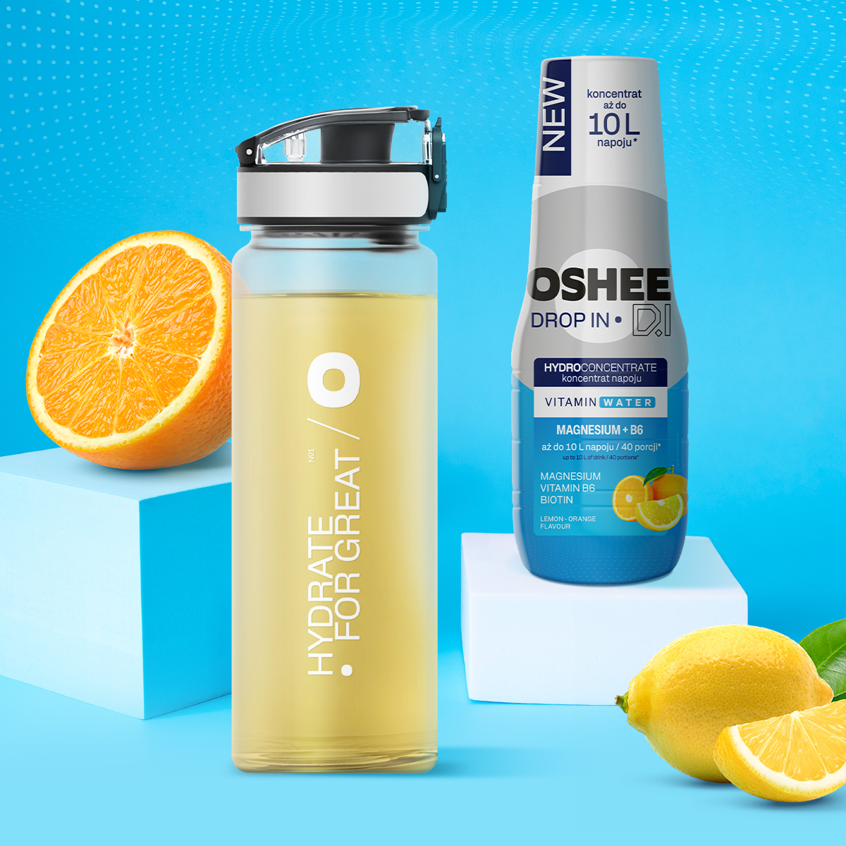 Hydrokoncentrat OSHEE DROP IN Cytryna-Pomarańcza - Witaminy i magnez - 500 ml + Bidon plastikowy 750 ml tritan