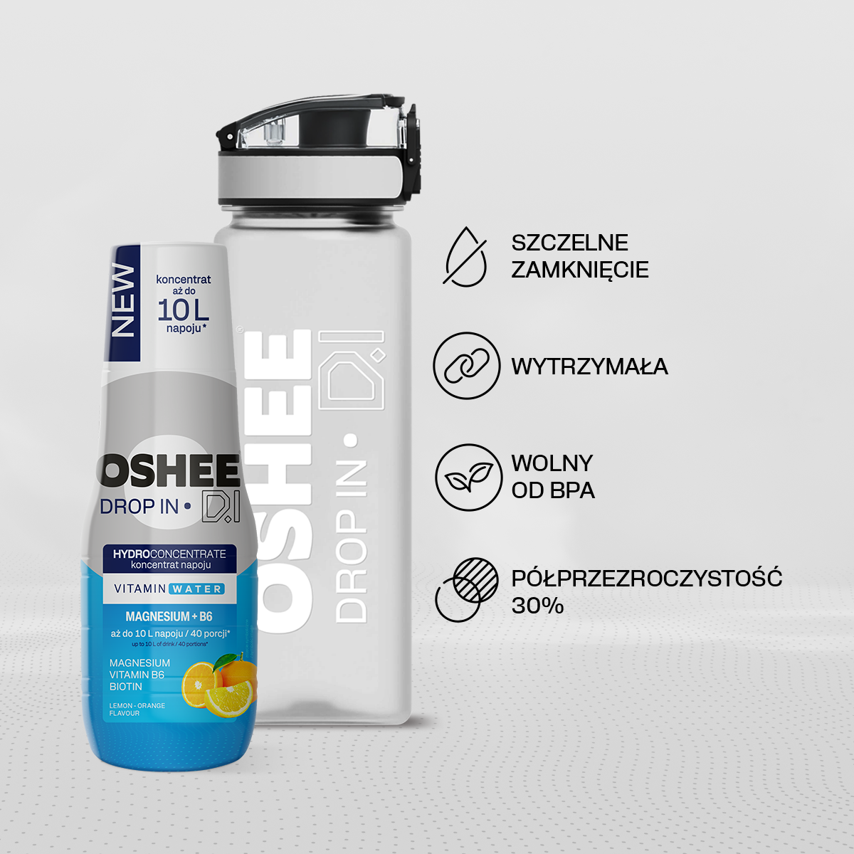 Hydrokoncentrat OSHEE DROP IN Cytryna-Pomarańcza - Witaminy i magnez - 500 ml + Bidon plastikowy 750 ml tritan
