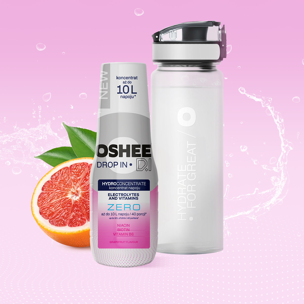 Hydrokoncentrat OSHEE DROP IN ZERO - Grejpfrut - Elektrolity i witaminy - 500 ml + Bidon plastikowy 750 ml tritan