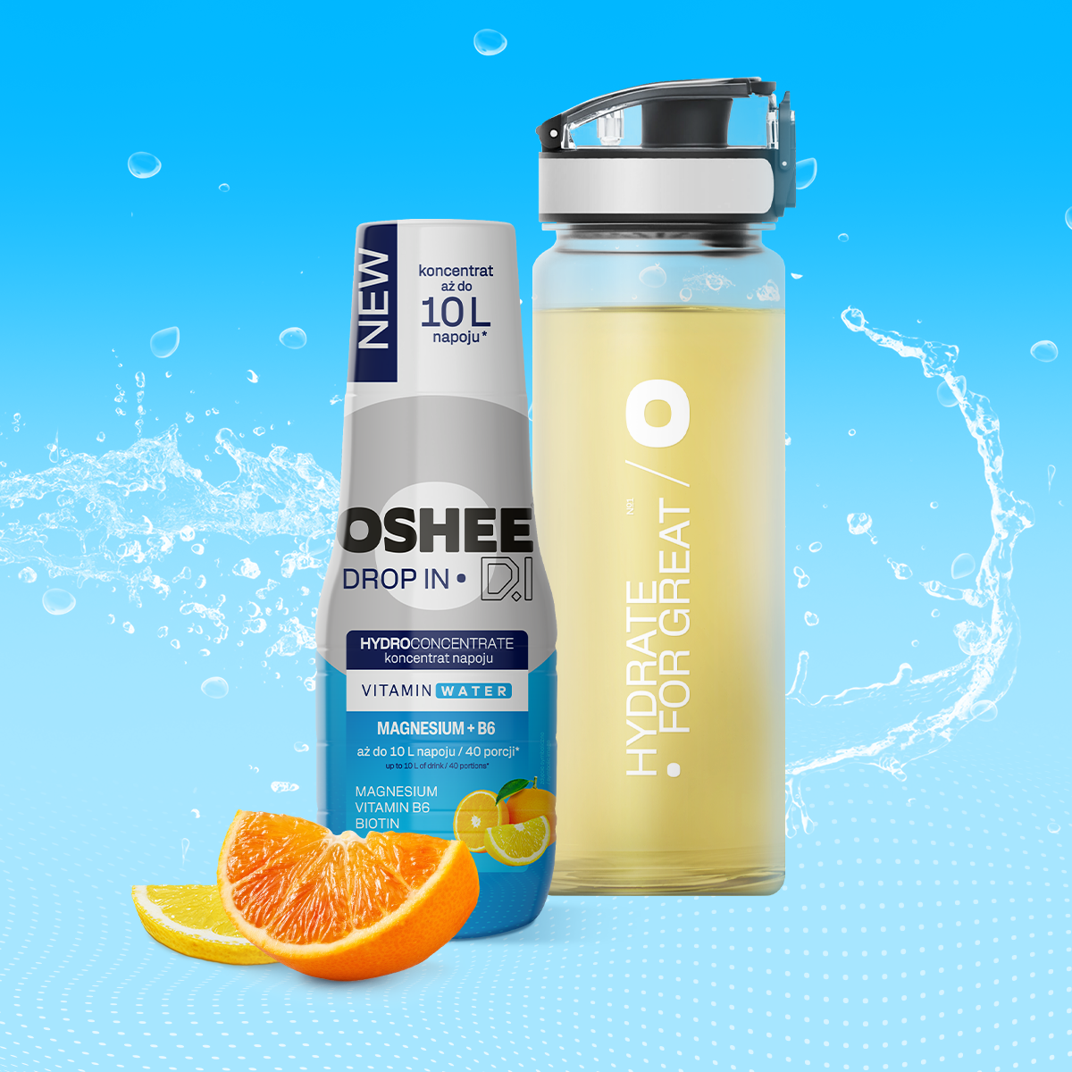 Hydrokoncentrat OSHEE DROP IN Cytryna-Pomarańcza - Witaminy i magnez - 500 ml + Bidon plastikowy 750 ml tritan
