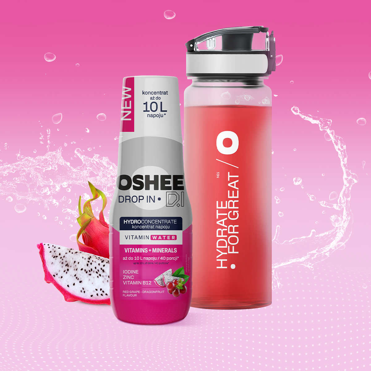 Hydrokoncentrat OSHEE DROP IN - Czerwone winogrono– smoczy owoc - Witaminy i minerały - 500 ml + Bidon plastikowy 750 ml tritan