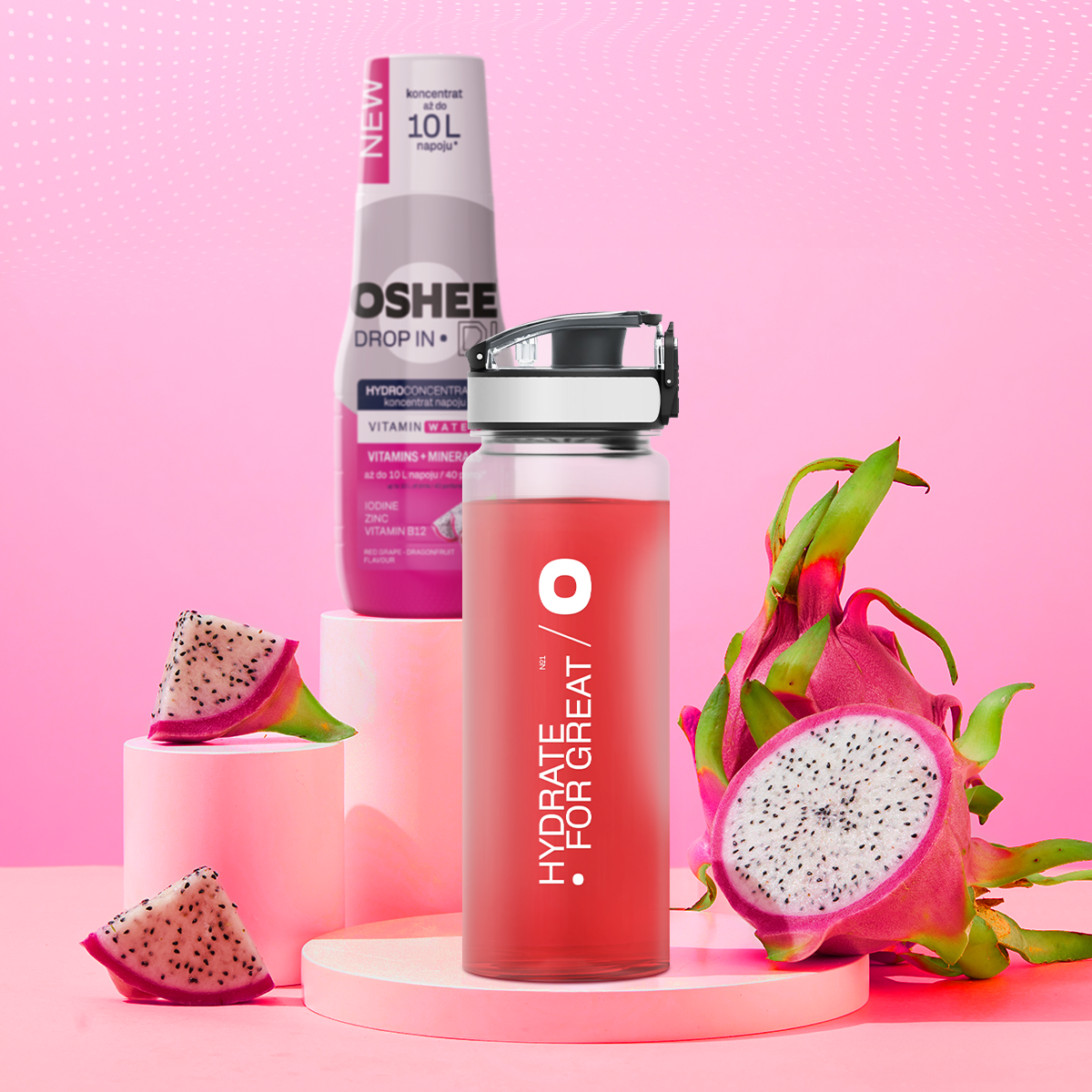 Hydrokoncentrat OSHEE DROP IN - Czerwone winogrono– smoczy owoc - Witaminy i minerały - 500 ml + Bidon plastikowy 750 ml tritan