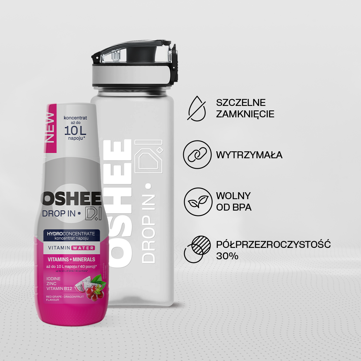 Hydrokoncentrat OSHEE DROP IN - Czerwone winogrono– smoczy owoc - Witaminy i minerały - 500 ml + Bidon plastikowy 750 ml tritan