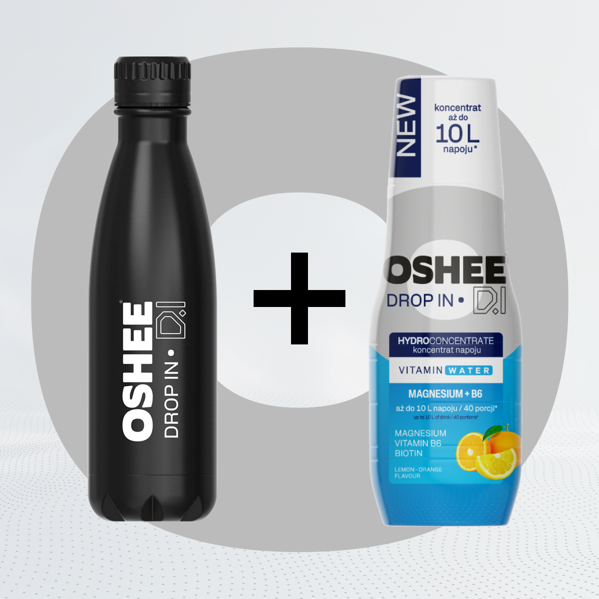 Zestaw Welcome - Hydrokoncentrat OSHEE DROP IN Cytryna-Pomarańcza - Witaminy i magnez - 500 ml + Butelka termiczna ze stali nierdzewnej czarna 500 ml