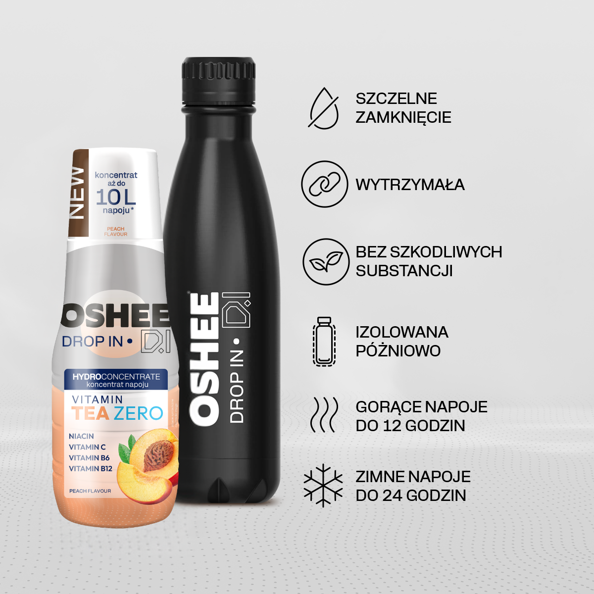 Zestaw Welcome - Hydrokoncentrat OSHEE DROP IN ZERO - brzoskwinia - Vitamin tea - 500 ml + Butelka termiczna ze stali nierdzewnej czarna 500 ml