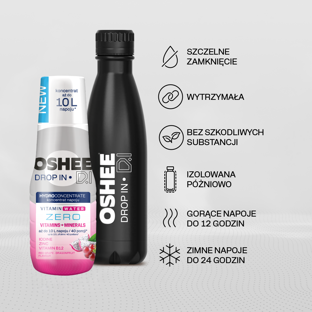 Zestaw Welcome - Hydrokoncentrat OSHEE DROP IN ZERO - czerwone winogrono-smoczy owoc - Witaminy i minerały - 500 ml +  Butelka termiczna ze stali nierdzewnej czarna 500 ml