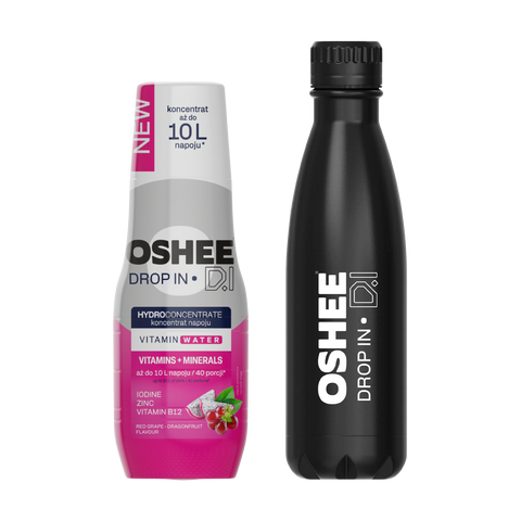 Zestaw Welcome - Hydrokoncentrat OSHEE DROP IN - Czerwone winogrono-smoczy owoc - Witaminy i minerały - 500 ml + Butelka termiczna ze stali nierdzewnej czarna 500 ml