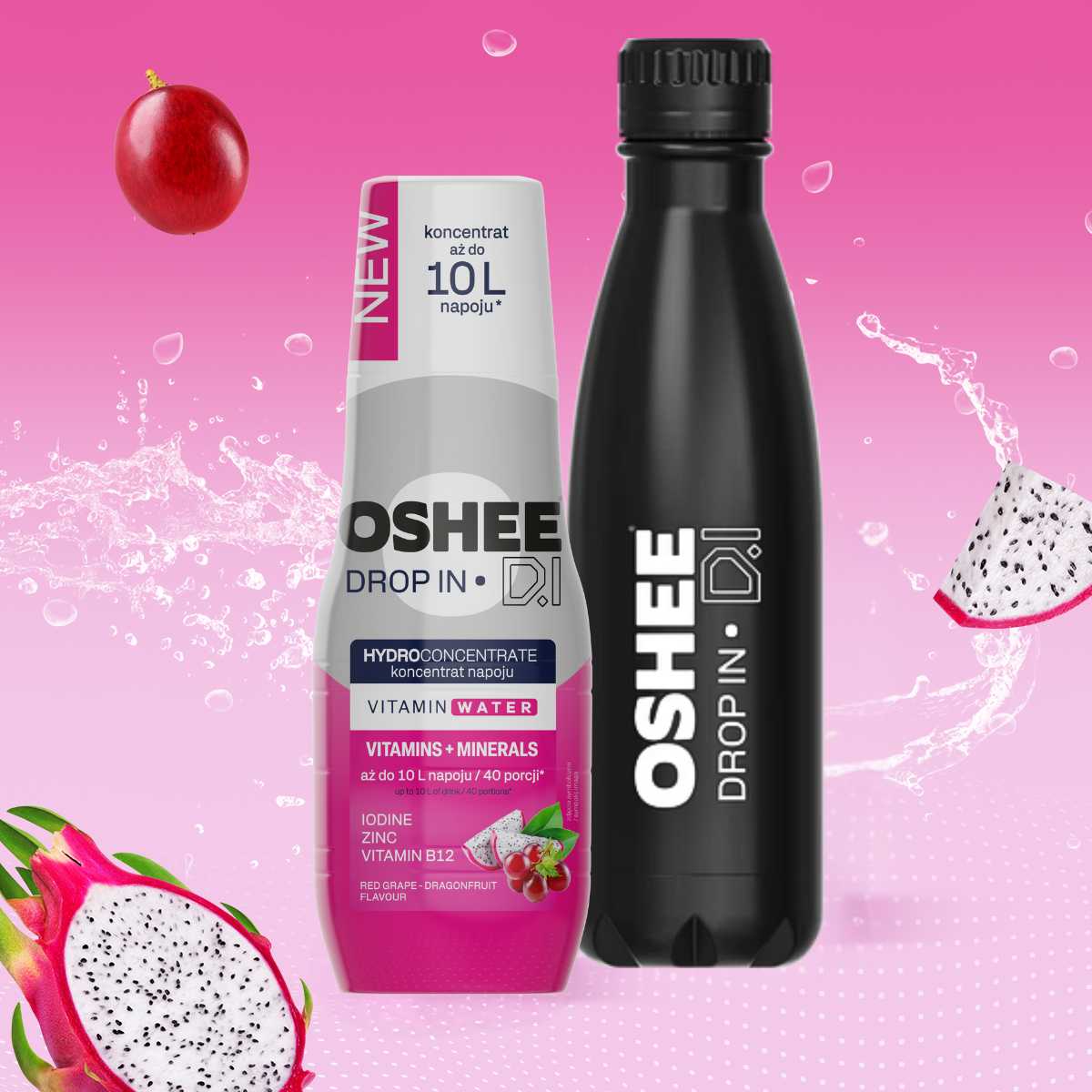 Zestaw Welcome - Hydrokoncentrat OSHEE DROP IN - Czerwone winogrono-smoczy owoc - Witaminy i minerały - 500 ml + Butelka termiczna ze stali nierdzewnej czarna 500 ml