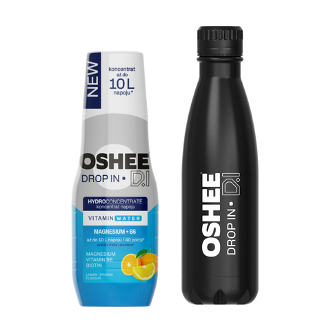 Zestaw Welcome - Hydrokoncentrat OSHEE DROP IN Cytryna-Pomarańcza - Witaminy i magnez - 500 ml + Butelka termiczna ze stali nierdzewnej czarna 500 ml