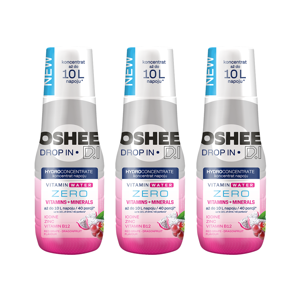 3 x Hydrokoncentrat OSHEE DROP IN ZERO - Czerwone winogrono– smoczy owoc - Witaminy i minerały - 500 ml