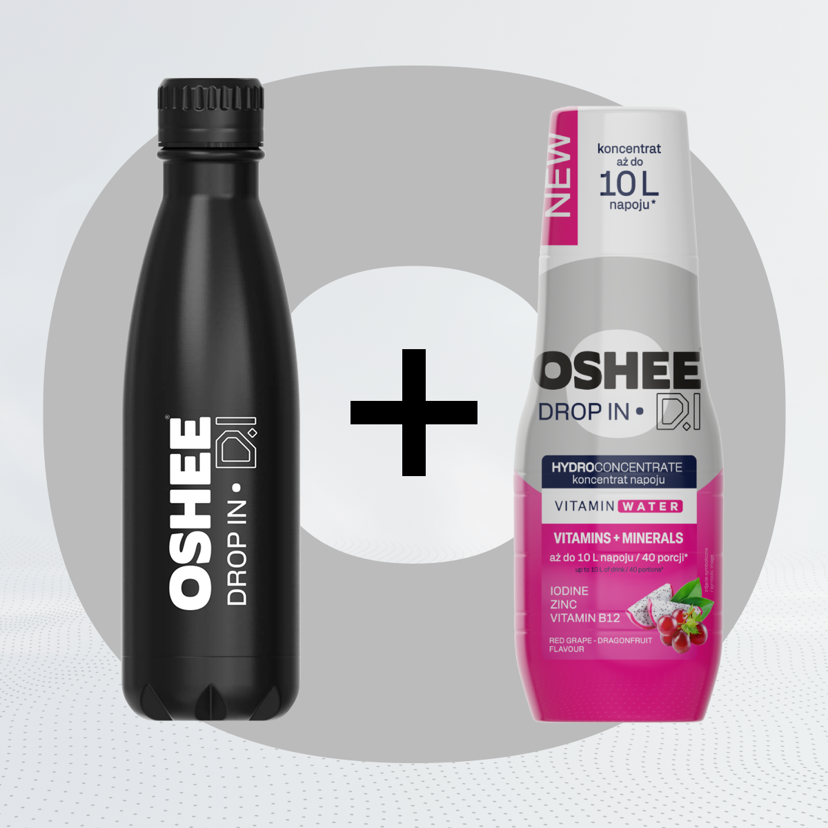 Zestaw Welcome - Hydrokoncentrat OSHEE DROP IN - Czerwone winogrono-smoczy owoc - Witaminy i minerały - 500 ml + Butelka termiczna ze stali nierdzewnej czarna 500 ml