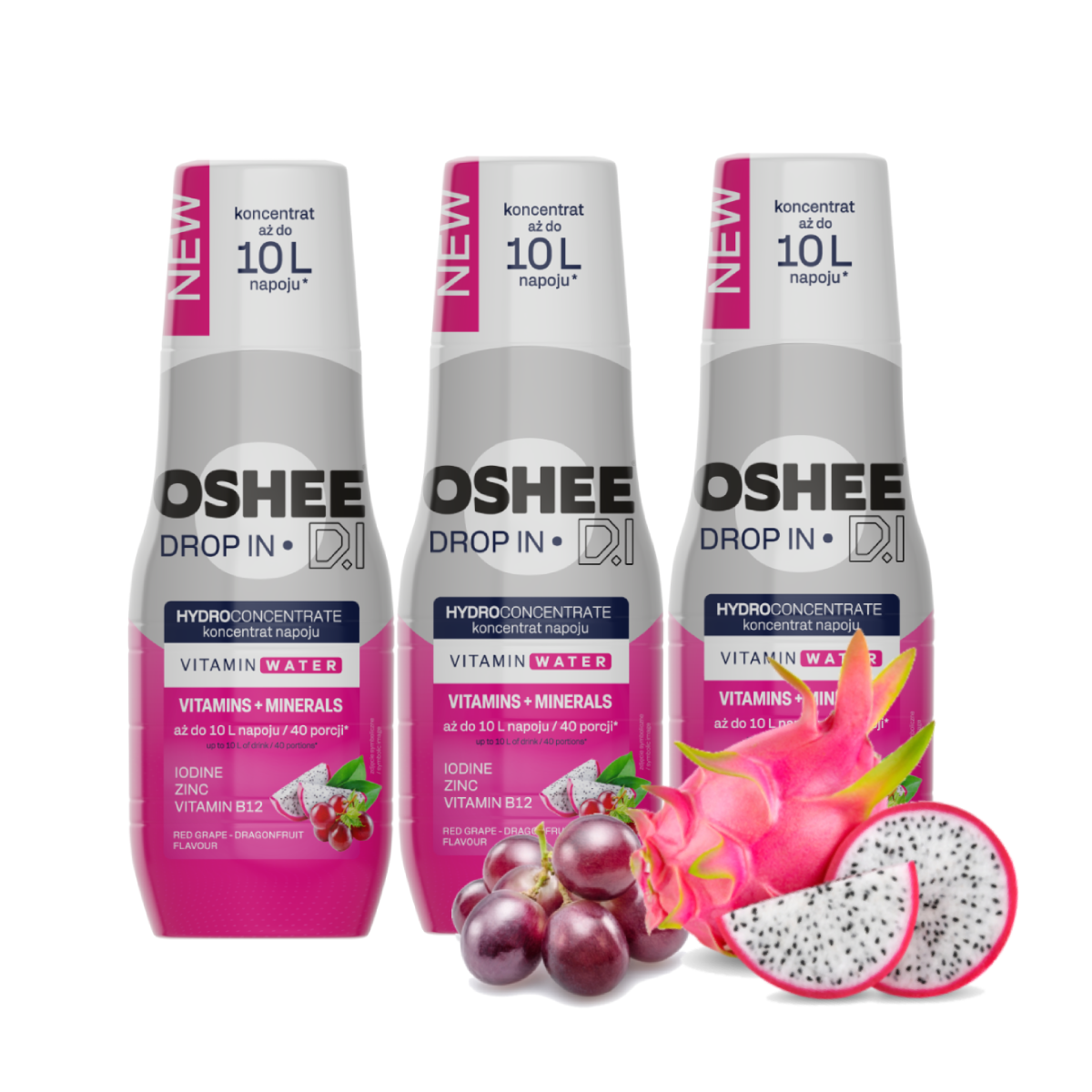3 x Hydrokoncentrat OSHEE DROP IN - Czerwone winogrono– smoczy owoc - Witaminy i minerały - 500 ml