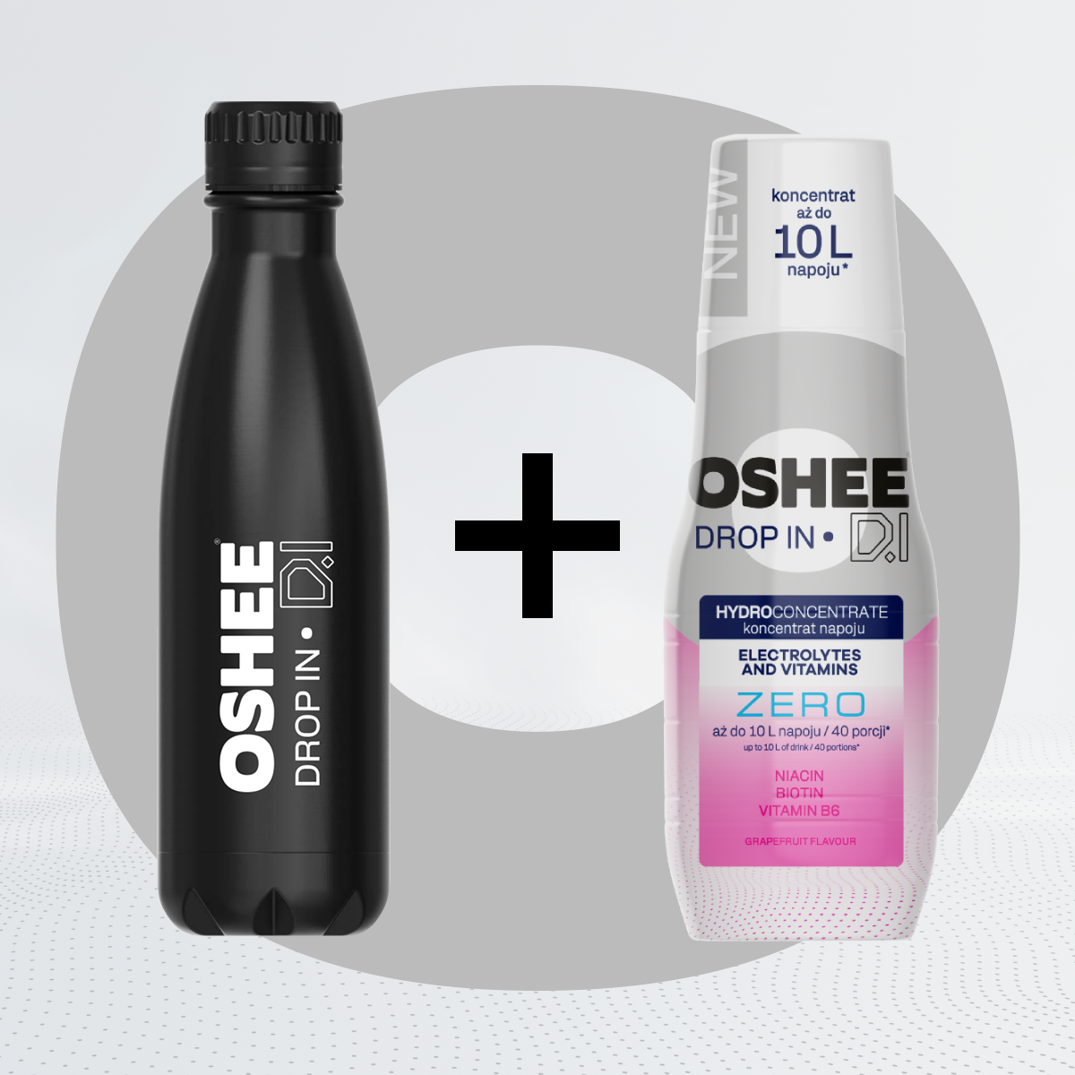 Zestaw Welcome - Hydrokoncentrat OSHEE DROP IN ZERO - Grejpfrut - Elektrolity i witaminy - 500 ml + Butelka termiczna ze stali nierdzewnej czarna 500 ml