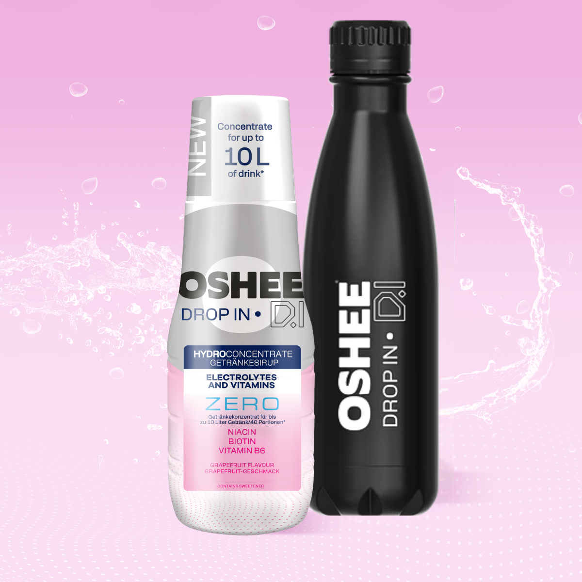 Zestaw Welcome - Hydrokoncentrat OSHEE DROP IN ZERO - Grejpfrut - Elektrolity i witaminy - 500 ml + Butelka termiczna ze stali nierdzewnej czarna 500 ml